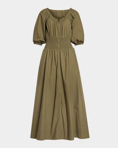 Ramy Brook Laura Cotton Poplin Smocked Maxi Dress In Green