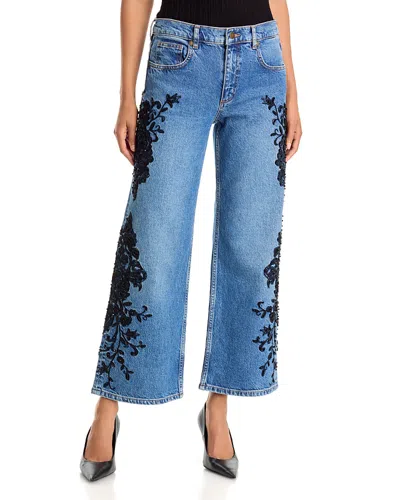 Ramy Brook Lea Beaded High Rise Cropped Wide Leg Jeans In Mid Cerulean In Yellow