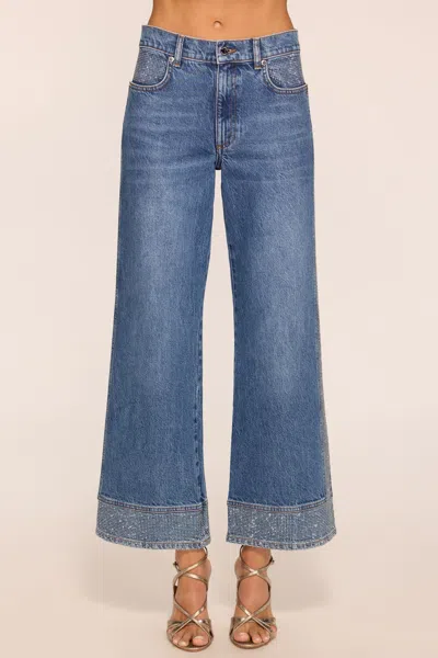 Ramy Brook Lea Cropped Embellished Wide Leg Jean In Rhinestone Cerulean