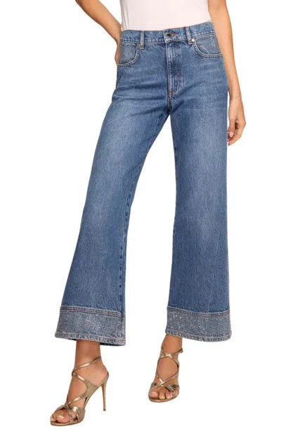Ramy Brook Lea Rhinestone High Waist Crop Flare Jeans In Blue