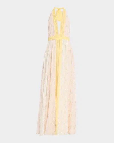 Ramy Brook Leigh Deep V-neck Fil Coupe Halter Gown In Lemon Drop Multi