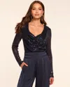 Ramy Brook Leon Beaded Sequin Cowl Neck Top In Blue