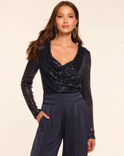Ramy Brook Leon Beaded Sequin Cowl Neck Top In Blue