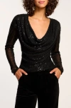 Ramy Brook Leon Sequin Cowl Neck Top In Black Mesh