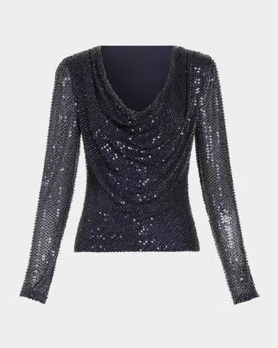 Ramy Brook Leon Sequined Cowl-neck Blouse In Blue