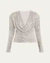 Ramy Brook Leon Sequined Cowl-neck Blouse In Dove Grey Beaded Mesh