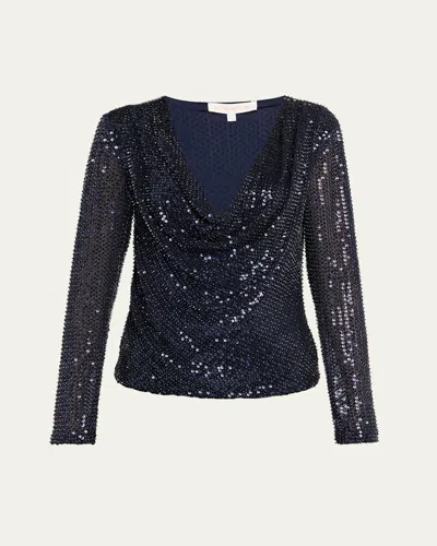Ramy Brook Leon Sequined Cowl-neck Blouse In Navy Beade