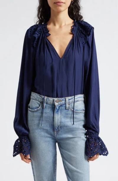 Ramy Brook Lilian Ruffle Eyelet Top In Spring Navy