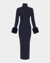 Ramy Brook Linda Ribbed Turtleneck Dress With Faux Fur Trim In Blue