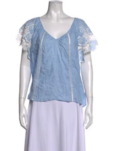 Pre-owned Ramy Brook Linen Floral Print Blouse In Blue