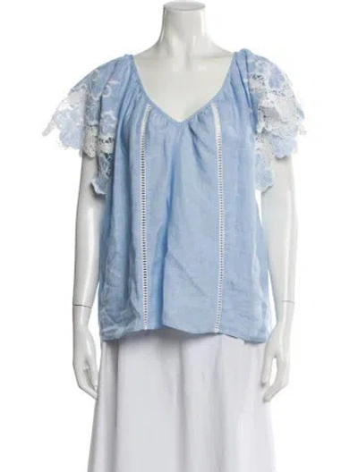 Pre-owned Ramy Brook Linen V-neck Blouse In Blue