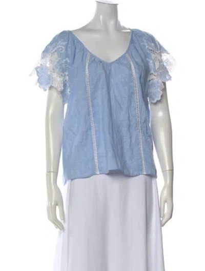 Pre-owned Ramy Brook Linen V-neck Blouse In Blue