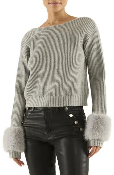 Ramy Brook Lisa Faux Fur Trim Rib Sweater In Heather Grey