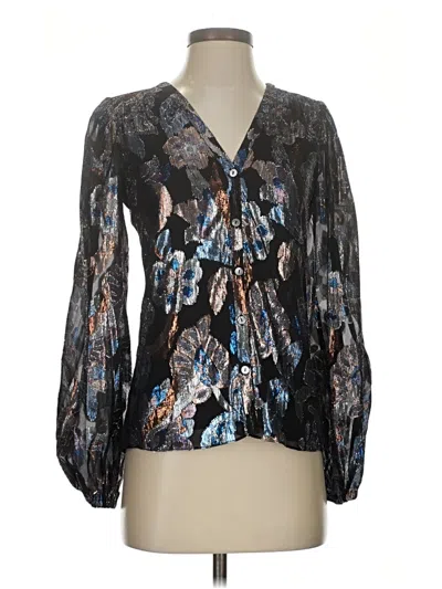 Pre-owned Ramy Brook Long Sleeve Silk Top Black Plunge Neckline Tops