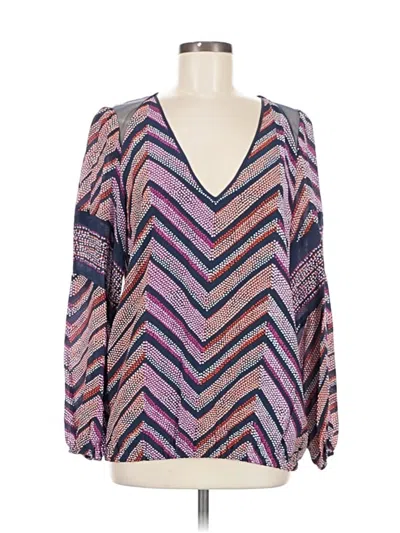 Pre-owned Ramy Brook Long Sleeve Silk Top Blue Chevron/herringbone Pattern V Neck Tops