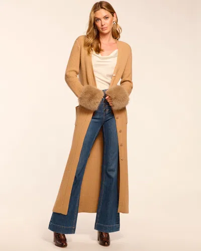Ramy Brook Louise Wool Blend Faux Fur Trim Duster Sweater In Brown