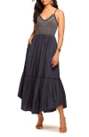 Ramy Brook Lucia Smocked Cotton Poplin Maxi Dress In Spring Navy