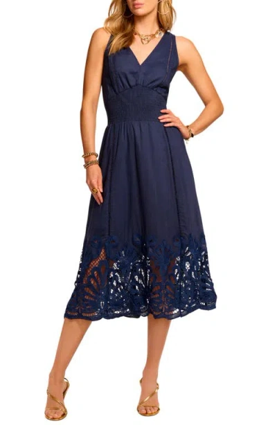 Ramy Brook Lucy Embroidery Detail Cotton Blend Dress In Navy Eyelet