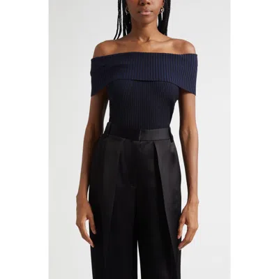 Ramy Brook Luke Foldover Off The Shoulder Rib Top In Blue