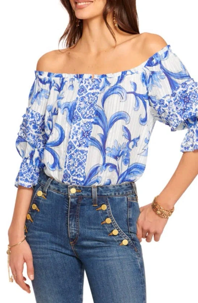 Ramy Brook Lula Print Off The Shoulder Top In Blue