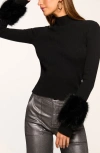 Ramy Brook Magnus Faux Fur Trim Merino Wool Blend Rib Top In Black Faux Fur