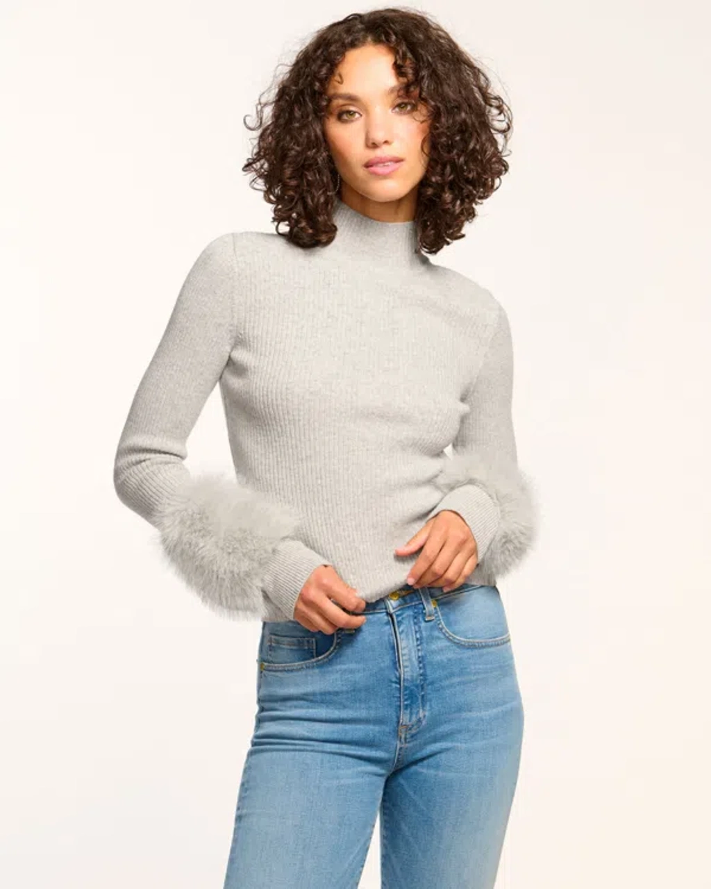 Ramy Brook Magnus Turtleneck Faux Fur Sweater In Heather Grey