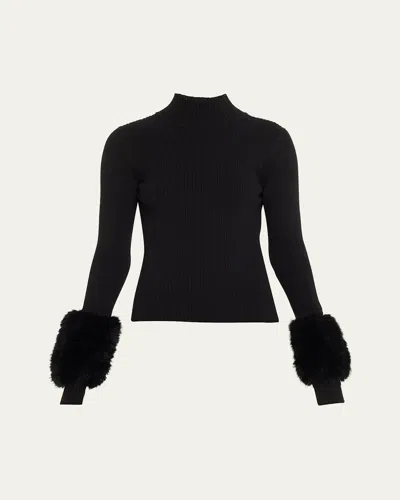 Ramy Brook Magnus Turtleneck Sweater With Faux Fur Cuffs In Black Faux Fur