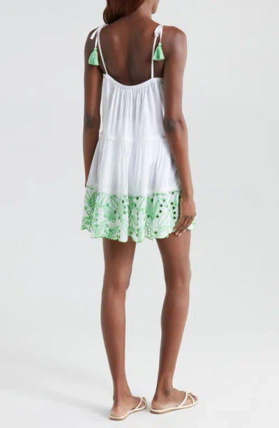 Ramy Brook Makenzy Eyelet Tassel Strap Cover-up Minidress In White/palm Green