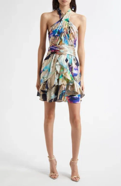 Ramy Brook Marble Reuben Ruffle Metallic Jacquard Halter Minidress In Spring Navy Marble