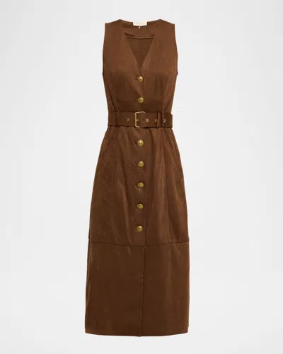 Ramy Brook Marcia Faux Suede V-neck Midi Dress In Brown
