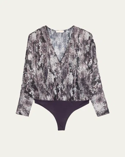 Ramy Brook Margot Metallic Floral Long-sleeve Bodysuit In Dove Grey Floral