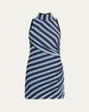 Ramy Brook Marisha Directional Stripe Mixed Media Minidress In Ribbon Blue Striped Knit
