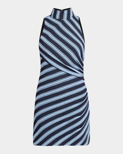 Ramy Brook Marisha Directional Stripe Mixed Media Minidress In Ribbon Blue Striped Knit