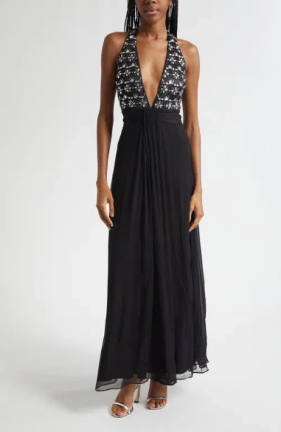 Ramy Brook Martina Embellished Bodice Chiffon Gown In Black
