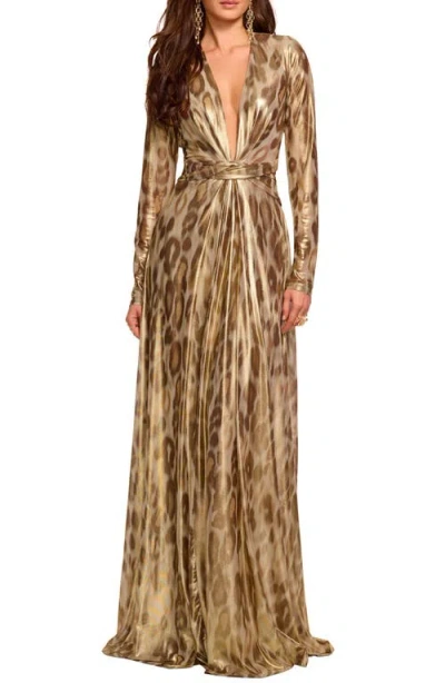 Ramy Brook Martini Metallic Leopard Print Long Sleeve Gown In Multi