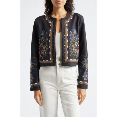 Ramy Brook Mav Embroidered Stud Detail Denim Jacket In Dark Indigo