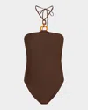 Ramy Brook May Ring Halter One-piece Swimsuit In Beach Brown