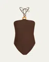 Ramy Brook May Ring Halter One-piece Swimsuit In Beach Brown