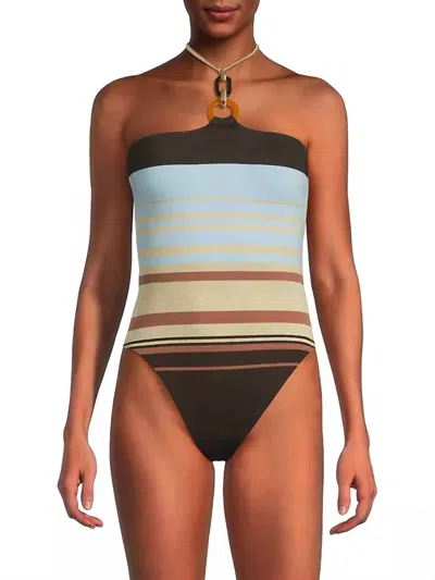 Ramy Brook May Stripped Halterneck One Piece Swimsuit In Beach Brown Stripe In Multi