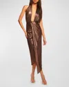 Ramy Brook Mayberry Backless Plunging Shimmer Midi Dress In Bronze Lame