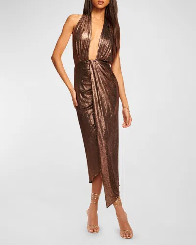 Ramy Brook Mayberry Backless Plunging Shimmer Midi Dress In Bronze Lame