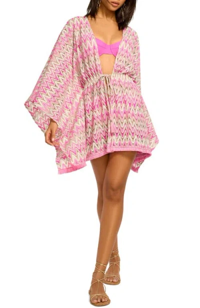 Ramy Brook Mckala Metallic Tie Front Long Sleeve Sheer Cover-up Tunic In Pink