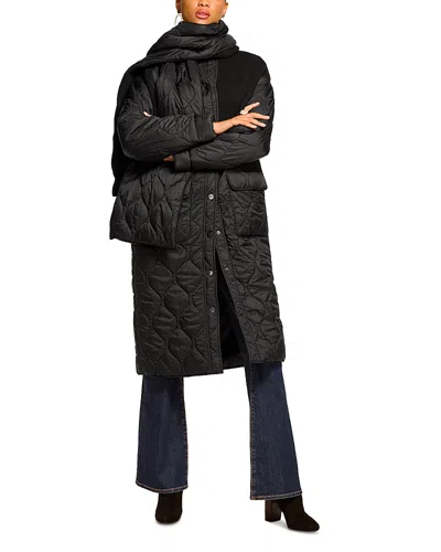 Ramy Brook Melanie Quilted Mixed Media Coat With Scarf In Black
