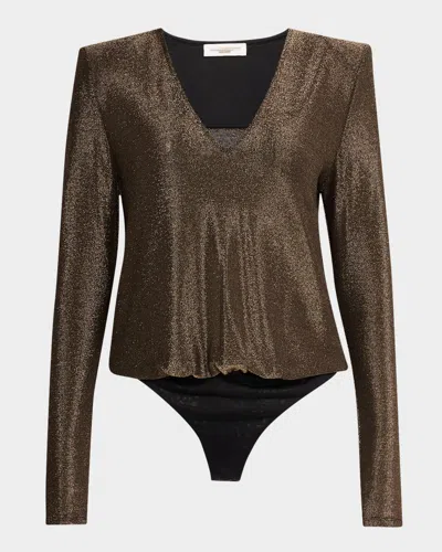 Ramy Brook Micheline Metallic Bodysuit In Gold Knit