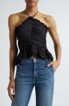 Ramy Brook Michelle Gathered Eyelet-trim Halter Blouse In Black