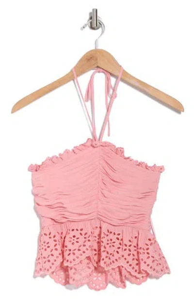 Ramy Brook Michelle Eyelet Peplum Halter Top In Pink Tulip