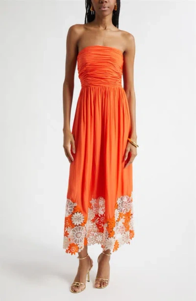 Ramy Brook Milani Strapless Lace Detail Dress In Orange