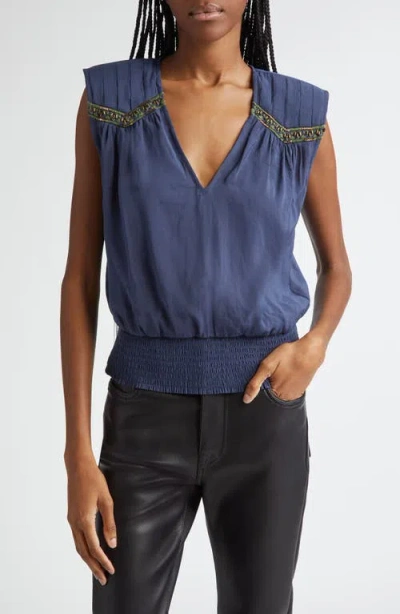 Ramy Brook Millegan Bead Detail Smock Waist Top In Navy
