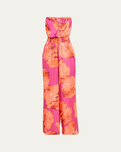 Ramy Brook Mindy Watercolor Bloom Strapless Wide-leg Jumpsuit In Wild Rose Watercolor Bloom Print