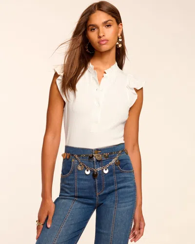Ramy Brook Monroe Cotton Knit Combo Flutter Sleeve Top Ivory In White